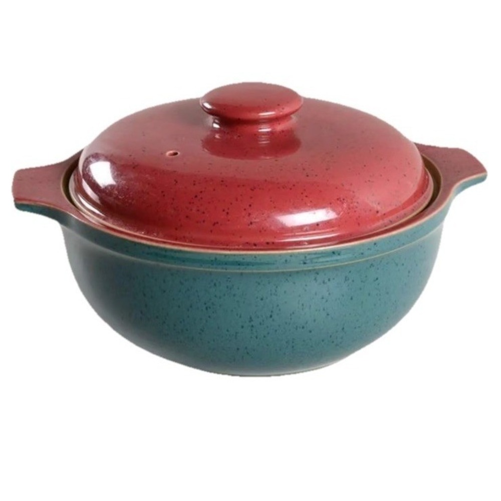 Denby England Harlequin Round Covered Casserole 2 Qt Speckled Pottery Green Red